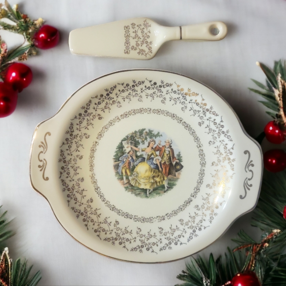 Vtg Harker Pottery Serving Platter Porcelain 22Kt Gold Accents Courtship Pattern